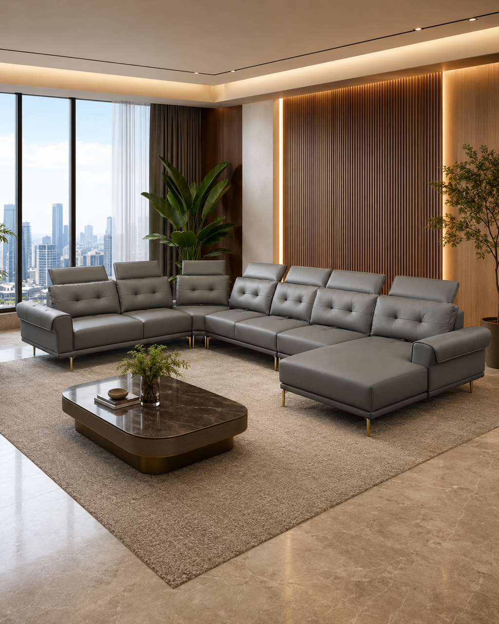 Sterling Genuine Leather Adjustable Backrest L-Shaped Sofa