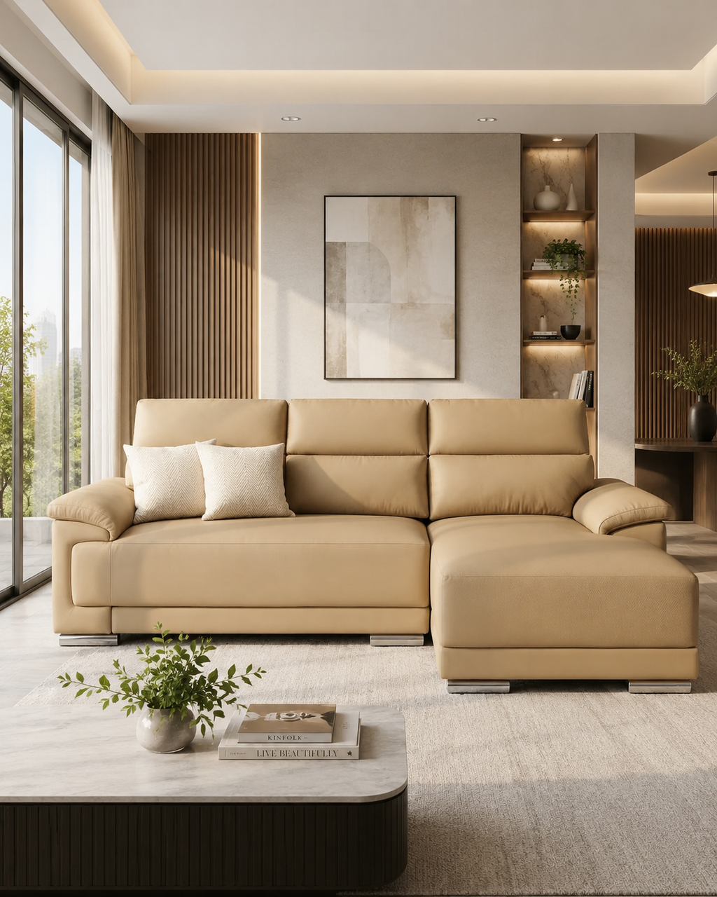 Capria Genuine Leather Adjustable Headrest L-Shaped Sofa