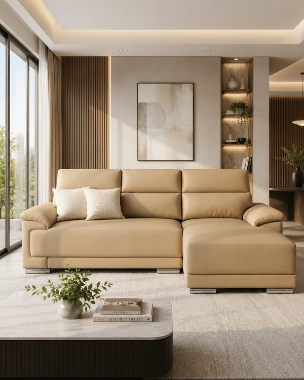 Capria Genuine Leather Adjustable Headrest L-Shaped Sofa