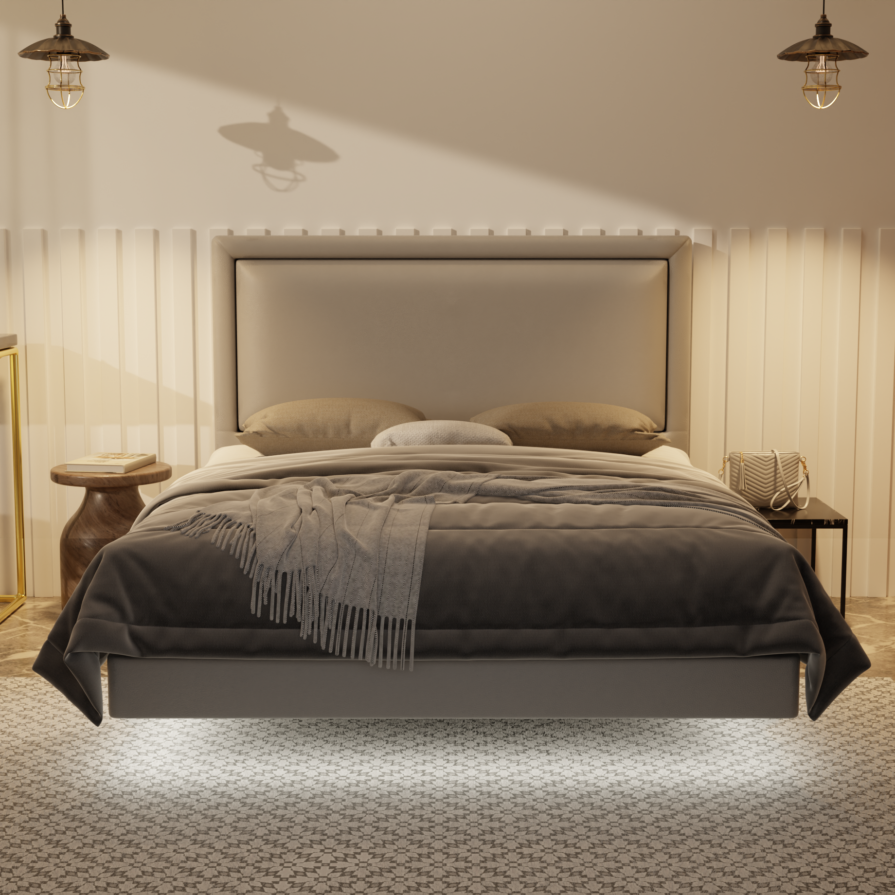 Jinny Genuine Leather Floating Bed Frame (With LED) by Esteller