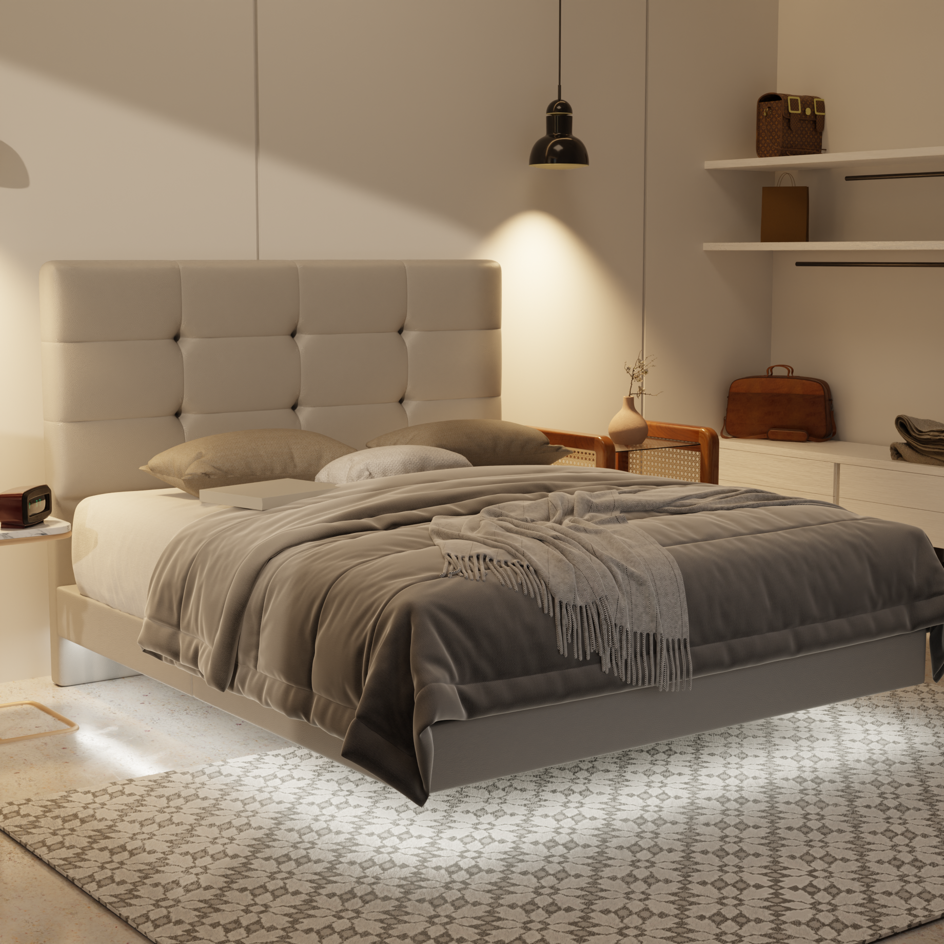 Rachelle Genuine Leather Floating Bed Frame (With LED) by Esteller