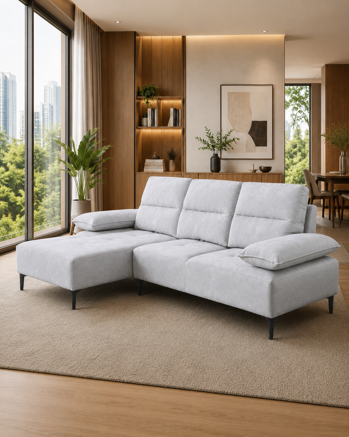 Elara Fabric Adjustable Backrest & Armrest L-Shaped Sofa