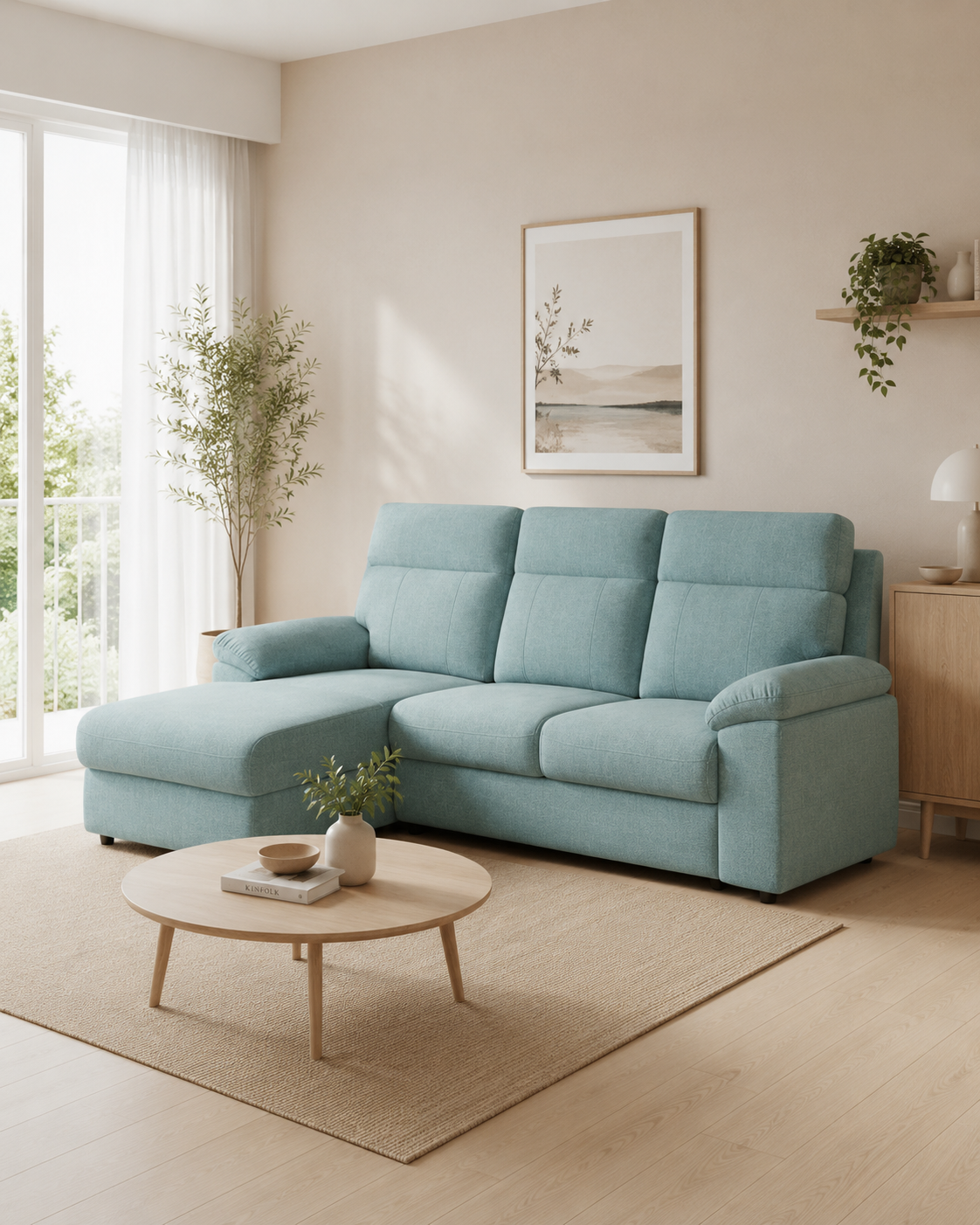 Celadon Fabric L-Shaped Sofa