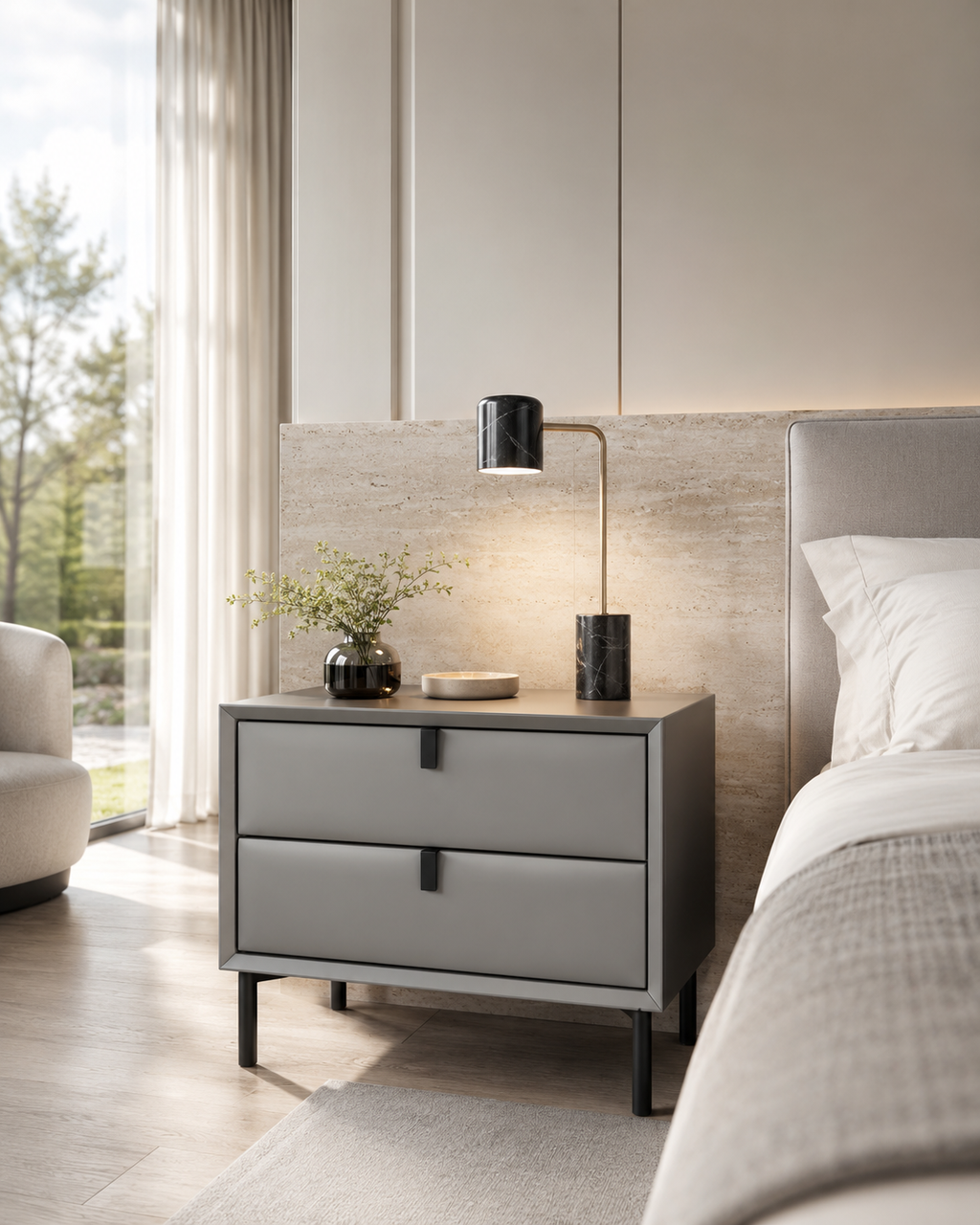 Veyra Grey Soft-Touch Bedside Table