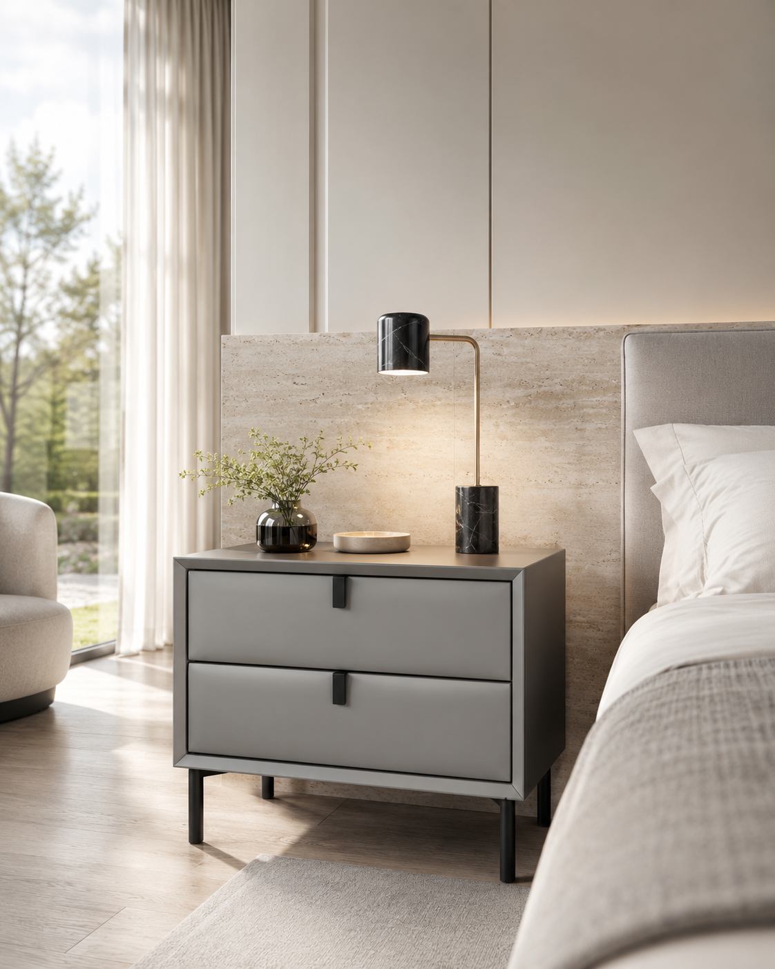 Veyra Grey Soft-Touch Bedside Table