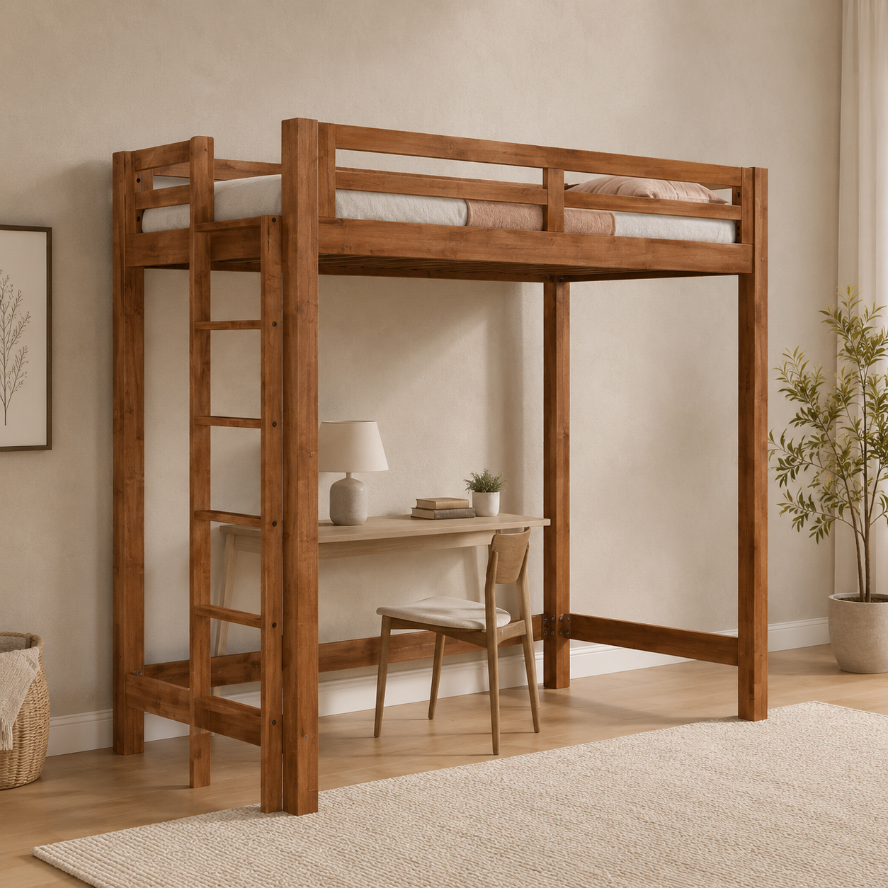 Alaire Wooden Loft Bed Frame (Cherry)