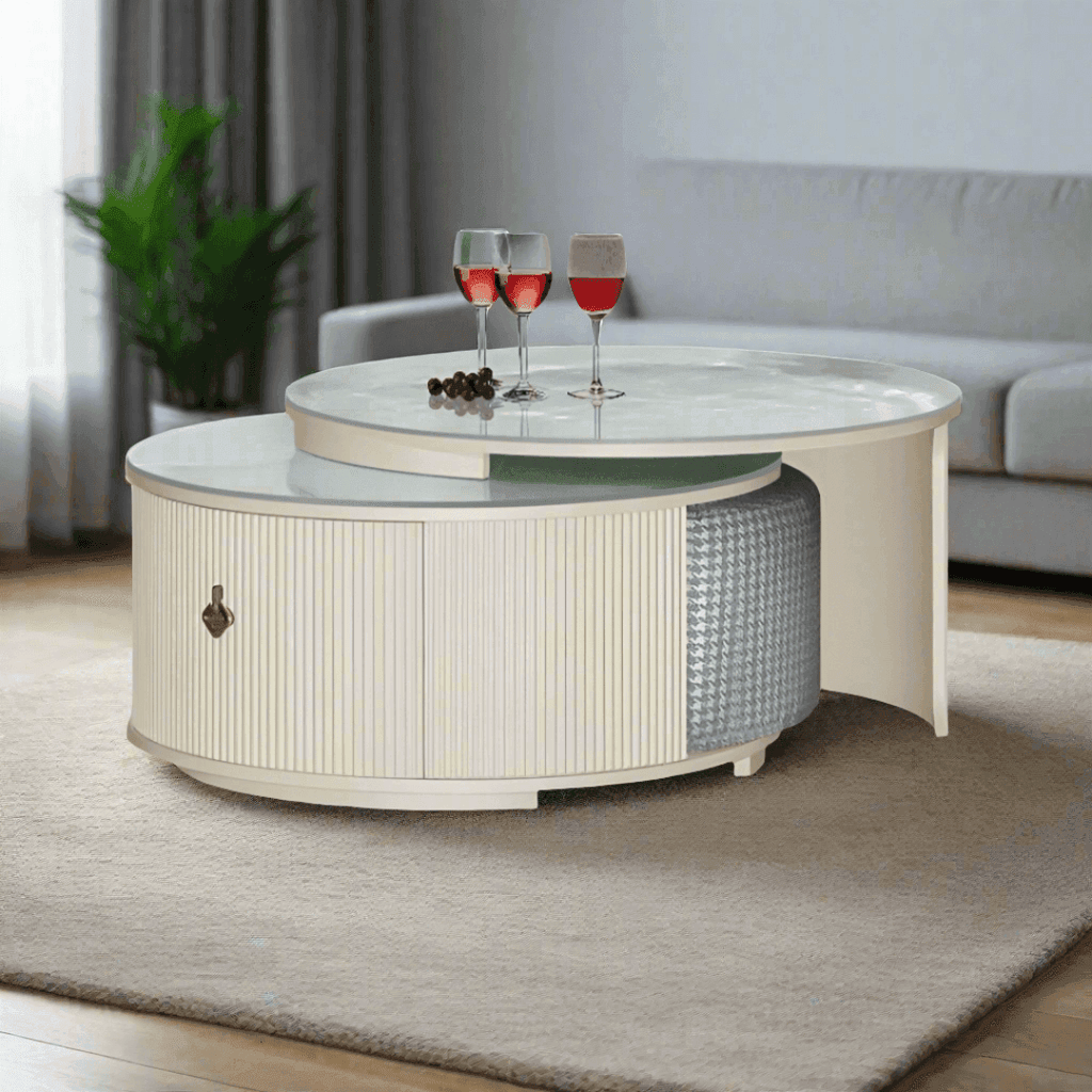 Megafurniture | Charlotte Extendable Coffee Table with Sintered Stone Top + 2 Fabric Stools | Coffee Table