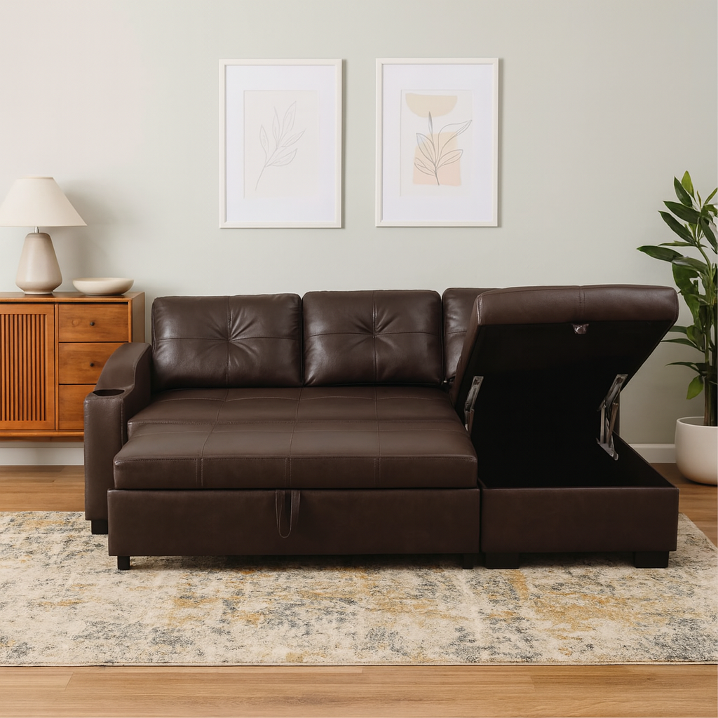 Tooru L-Shaped Faux Leather Storage Sofa Bed