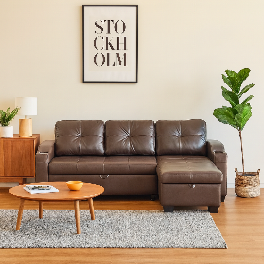 Tooru L-Shaped Faux Leather Storage Sofa Bed