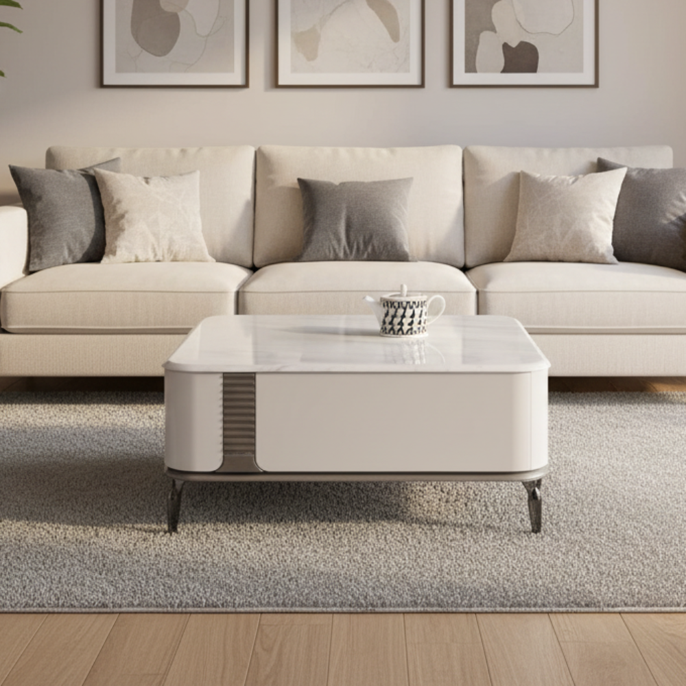 Megafurniture | Lucille Square Coffee Table with Cultured Marble Top in White (80cm) | Coffee Table
