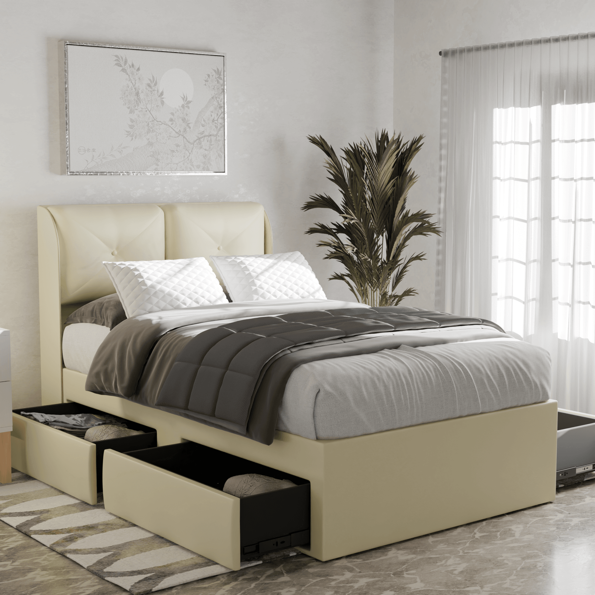 Megafurniture | Mohave Faux Leather Drawer Bed Frame | Drawer Bed