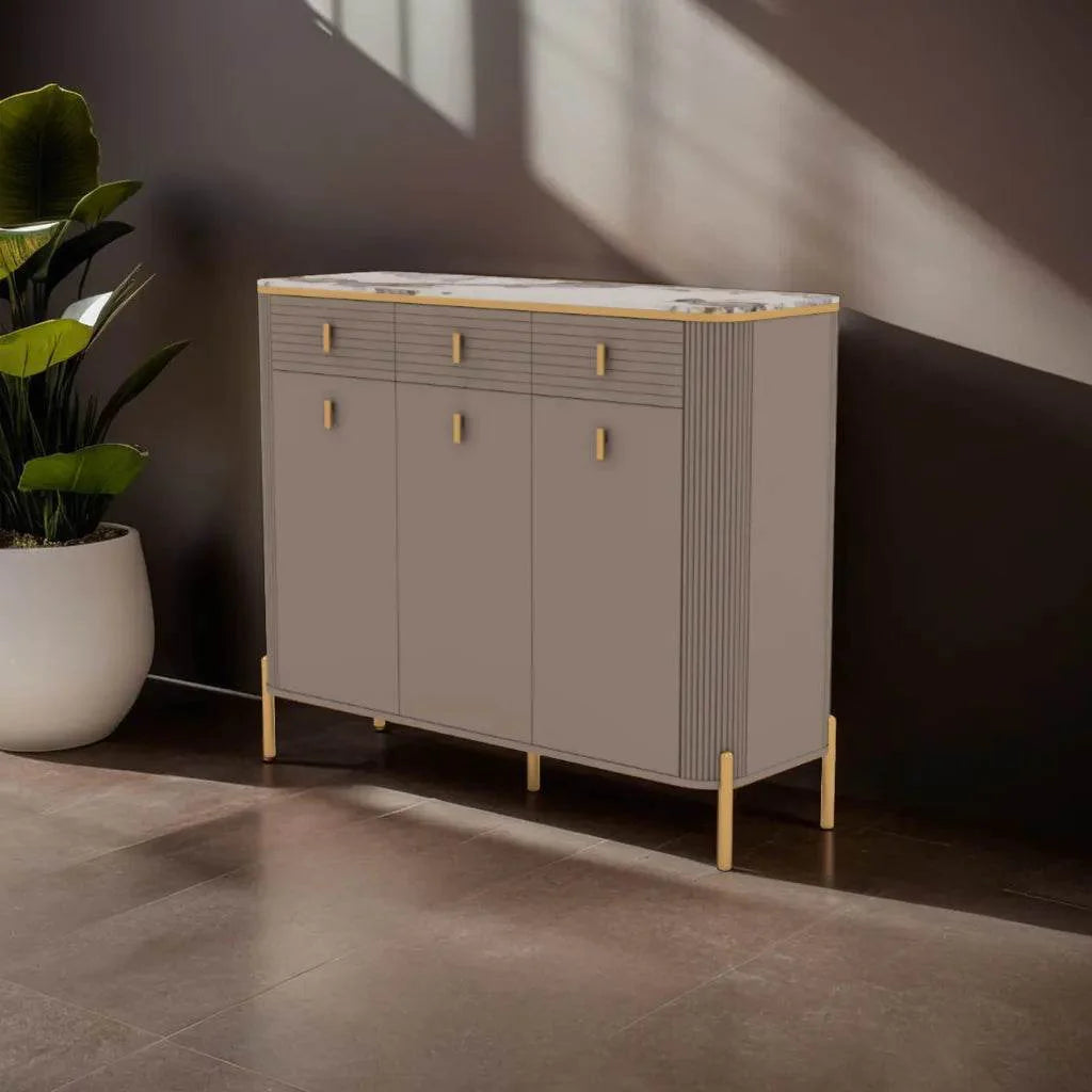 Megafurniture | Sabine 3 Door Shoe Cabinet with Glossy Sintered Stone Top | Shoe Cabinet