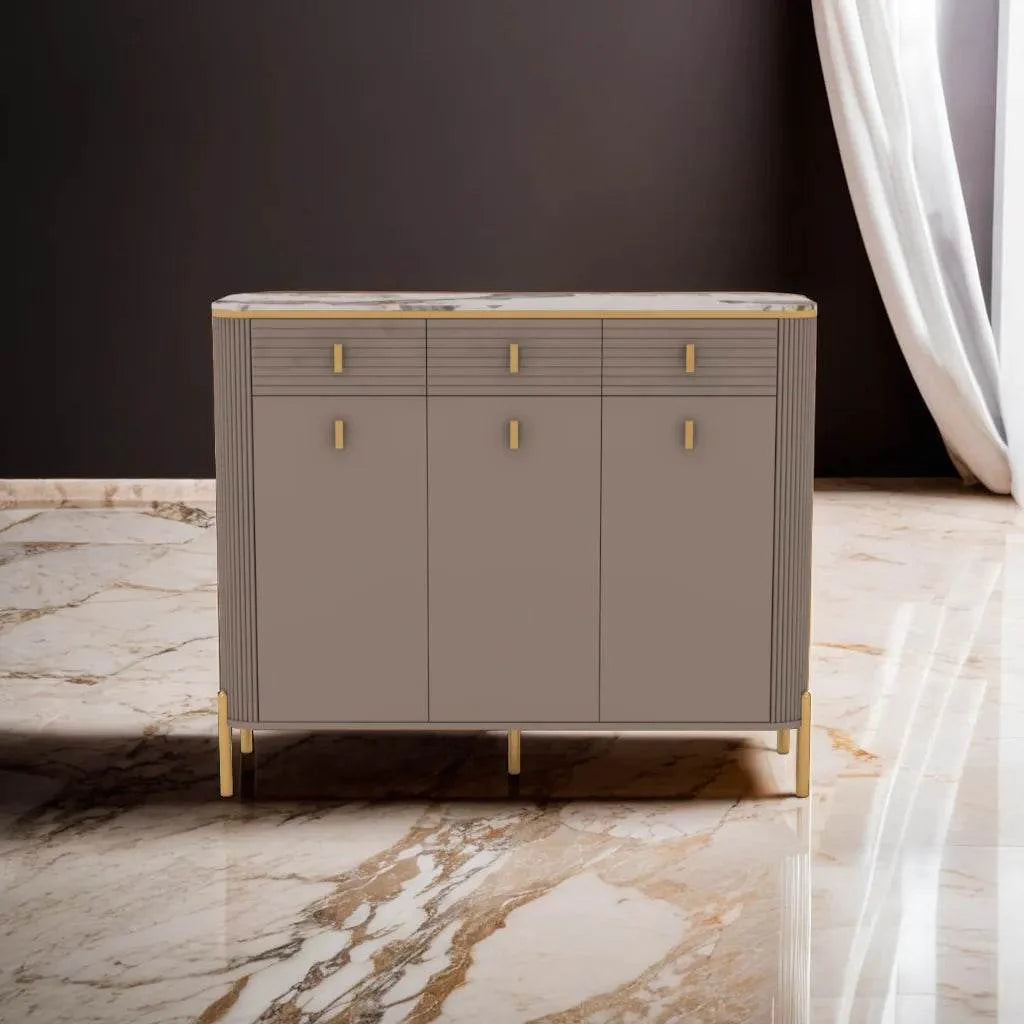Megafurniture | Sabine 3 Door Shoe Cabinet with Glossy Sintered Stone Top | Shoe Cabinet