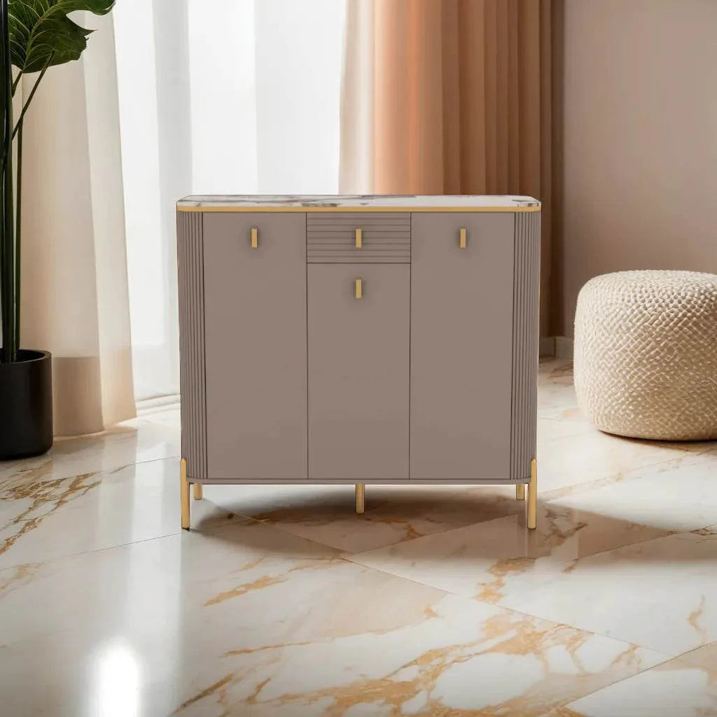 Megafurniture | Sabine Junior 3 Door Shoe Cabinet with Glossy Sintered Stone Top | Shoe Cabinet