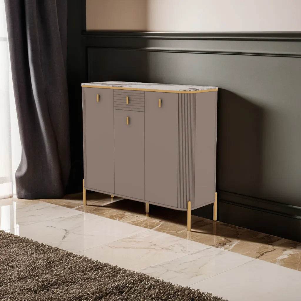 Megafurniture | Sabine Junior 3 Door Shoe Cabinet with Glossy Sintered Stone Top | Shoe Cabinet