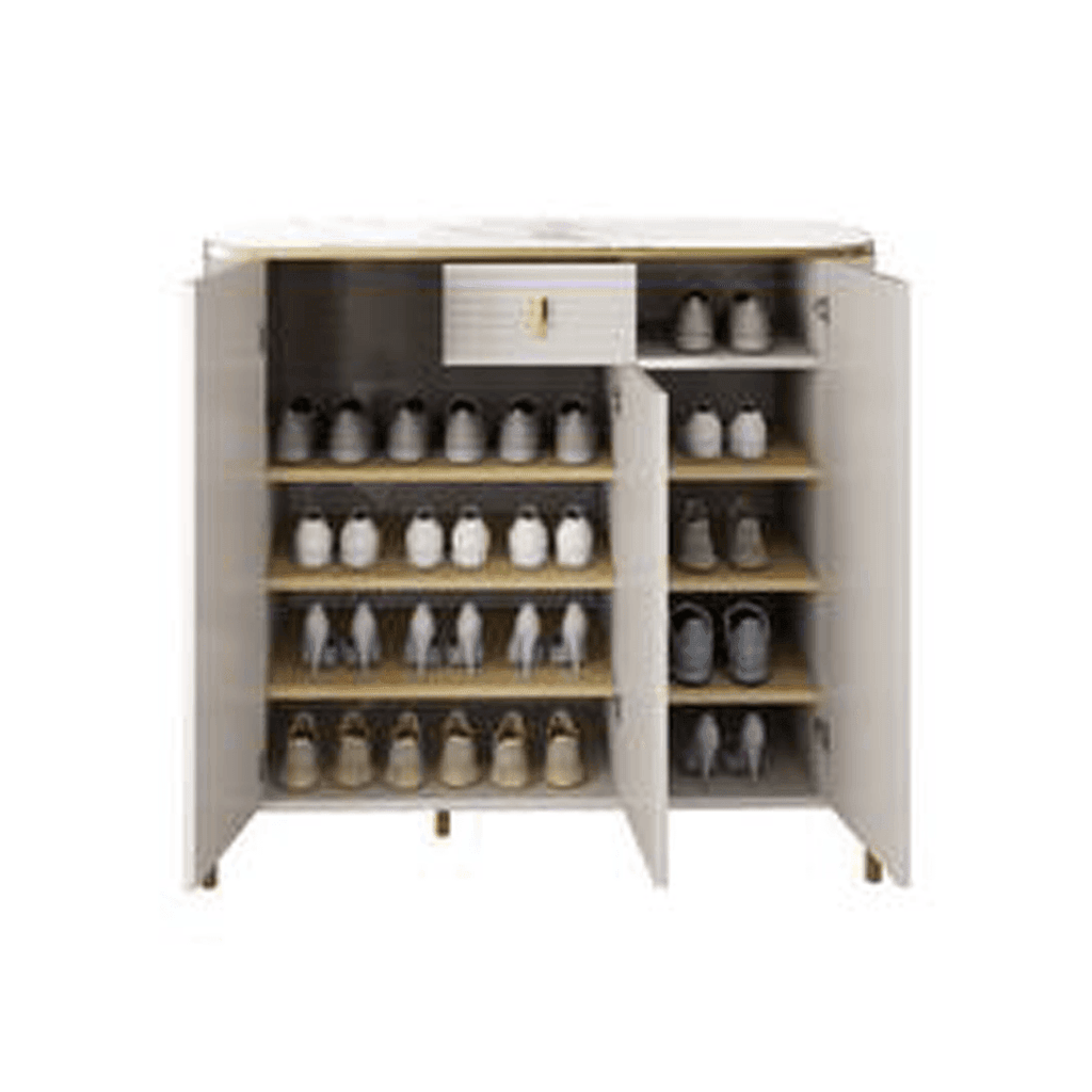 Megafurniture | Sabine Junior 3 Door Shoe Cabinet with Glossy Sintered Stone Top | Shoe Cabinet
