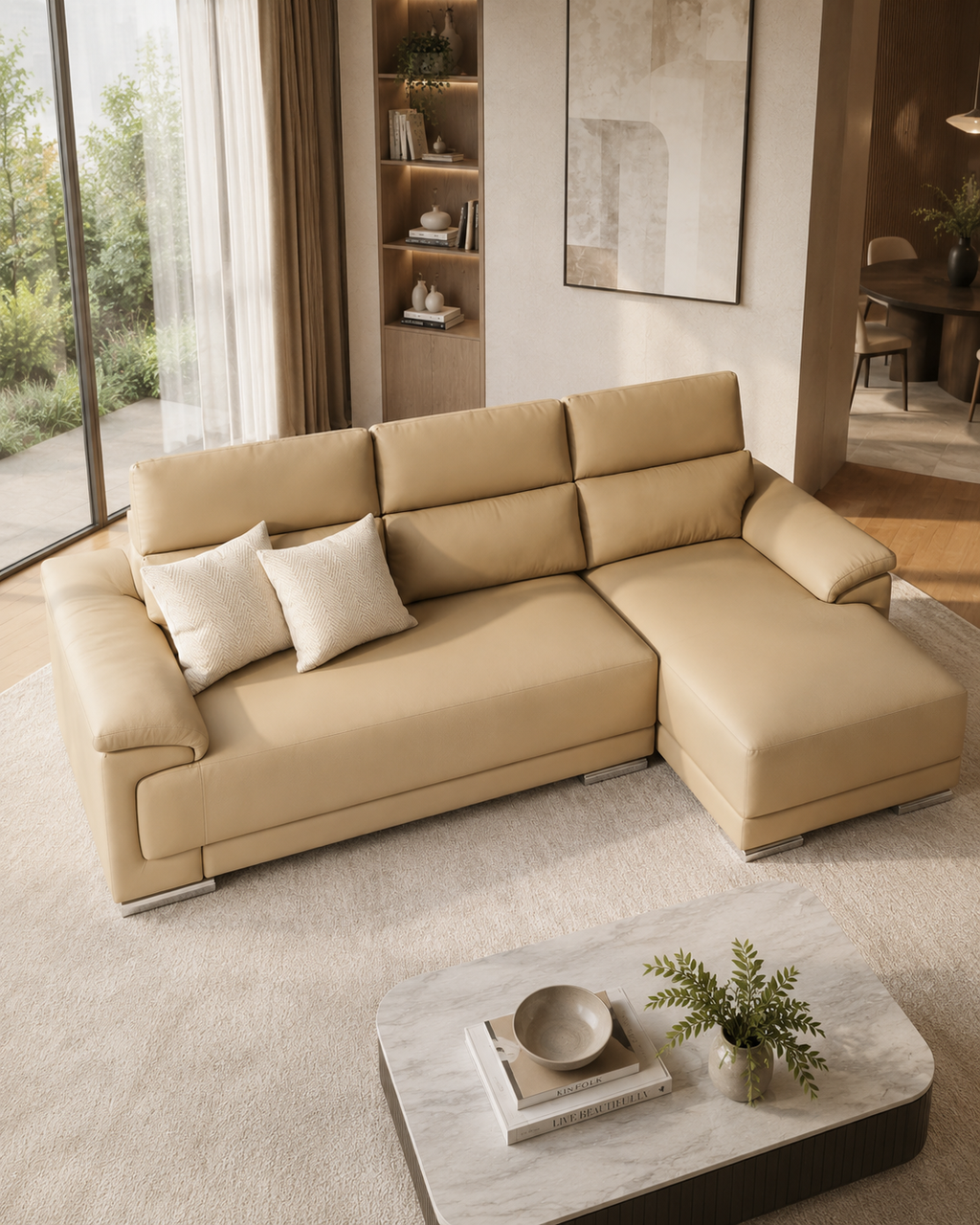Capria Genuine Leather Adjustable Headrest L-Shaped Sofa