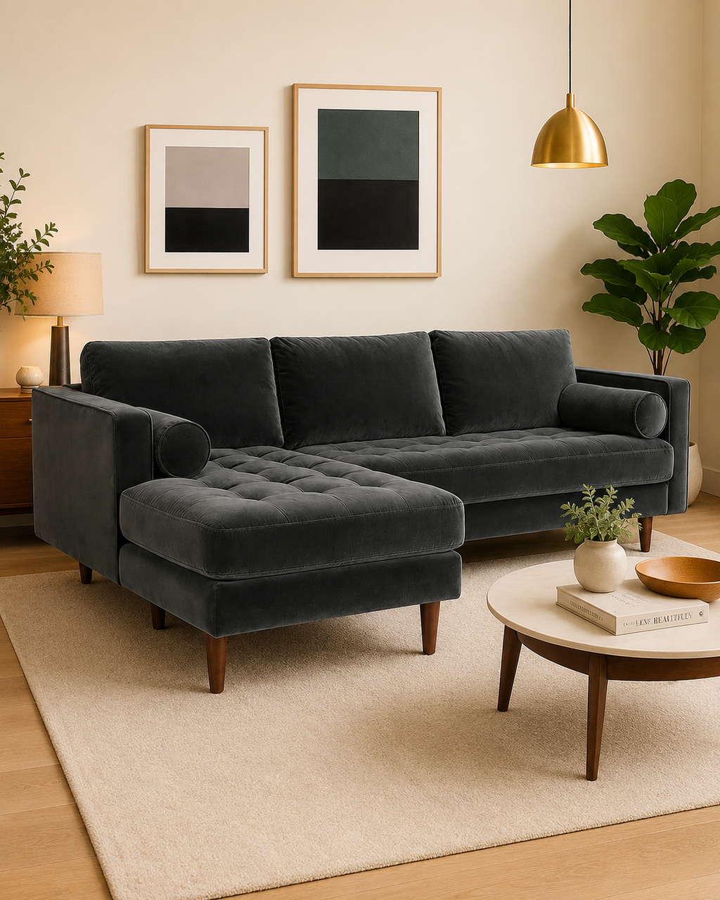 Langham Velvet Fabric Chaise Sofa