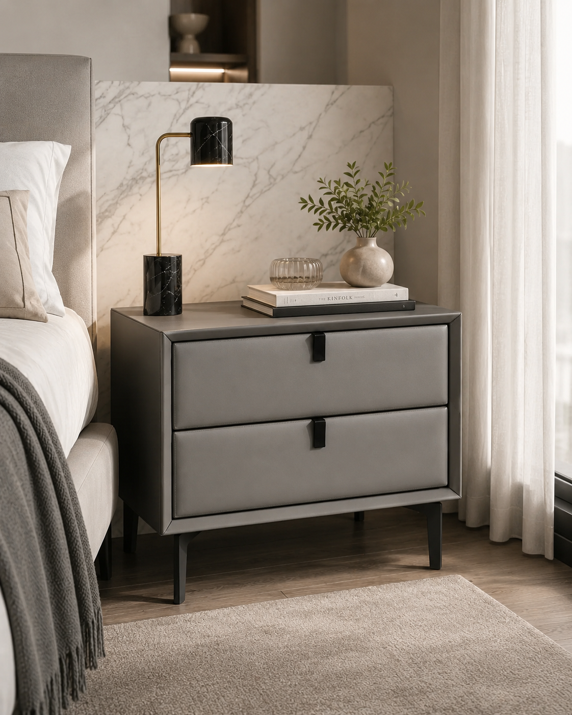 Veyra Grey Soft-Touch Bedside Table