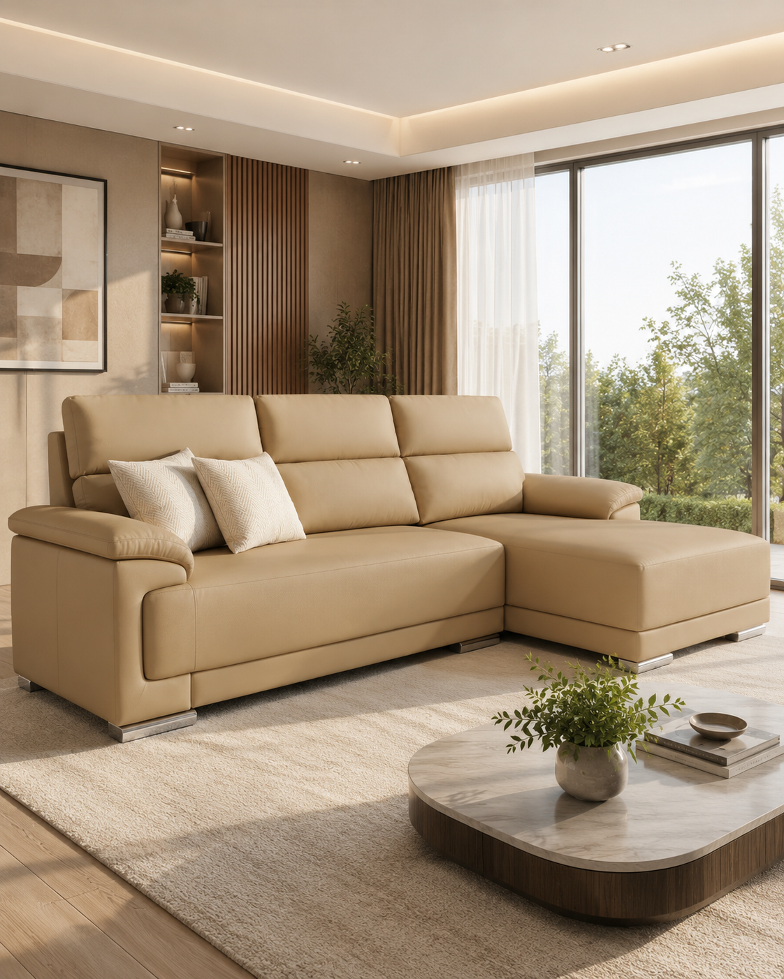 Capria Genuine Leather Adjustable Headrest L-Shaped Sofa