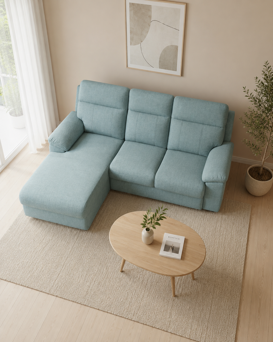 Celadon Fabric L-Shaped Sofa